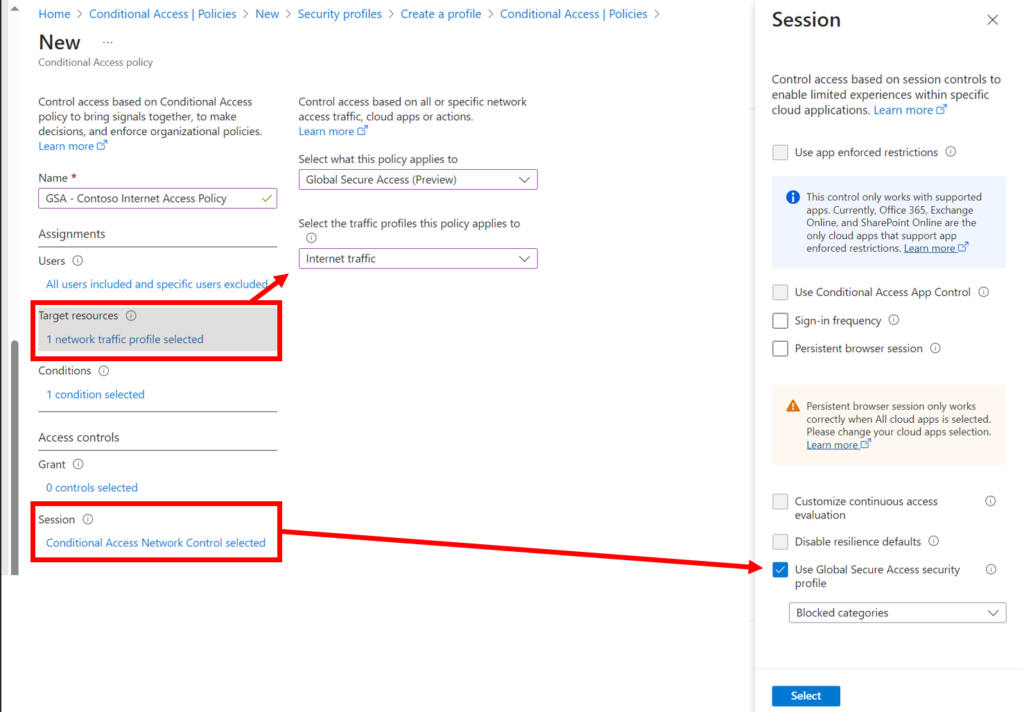 Linking a Conditional Access Policy to the Internet Profile