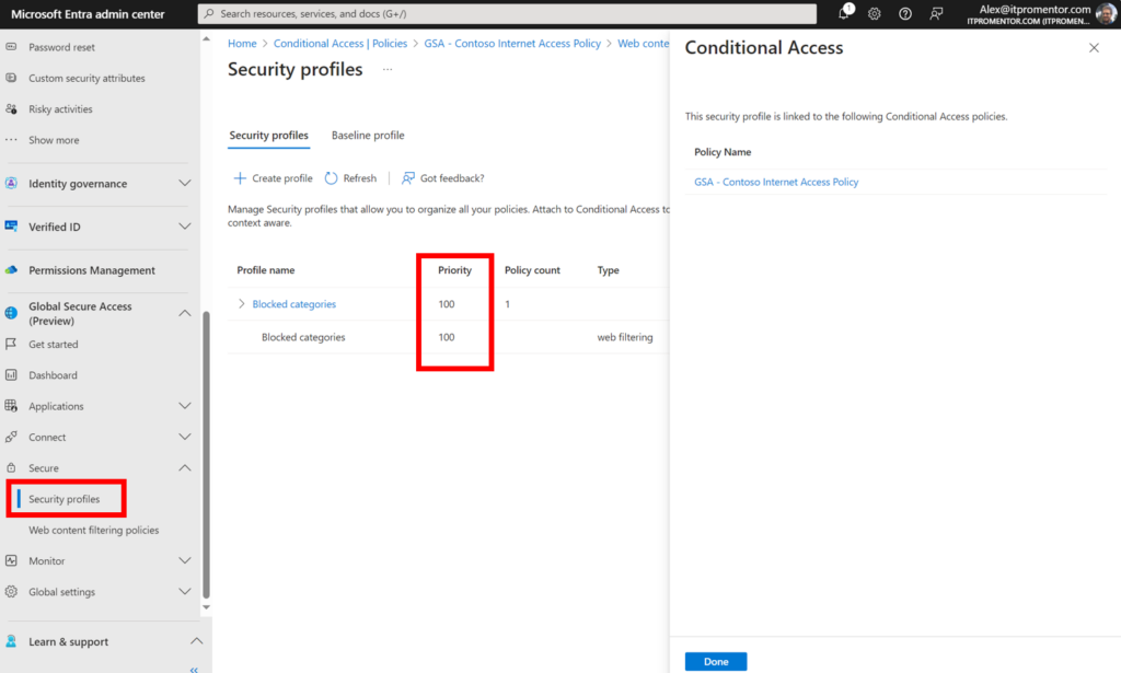 Configuring priority on security profiles