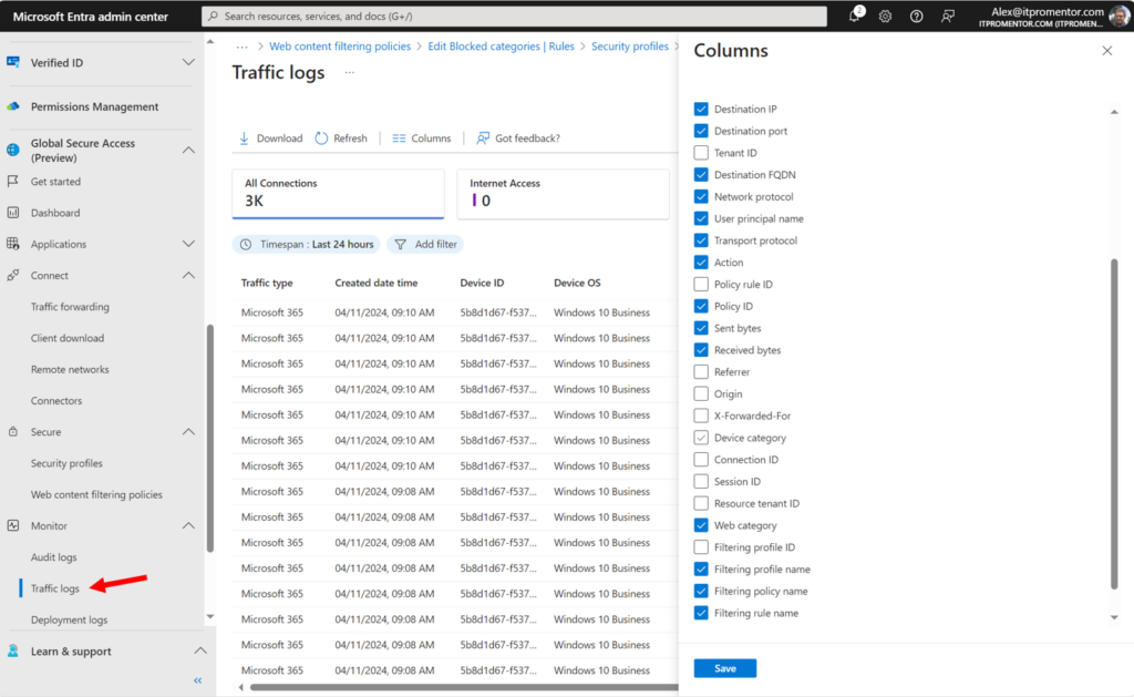 The GSA client forwards all traffic logs to Microsoft Entra