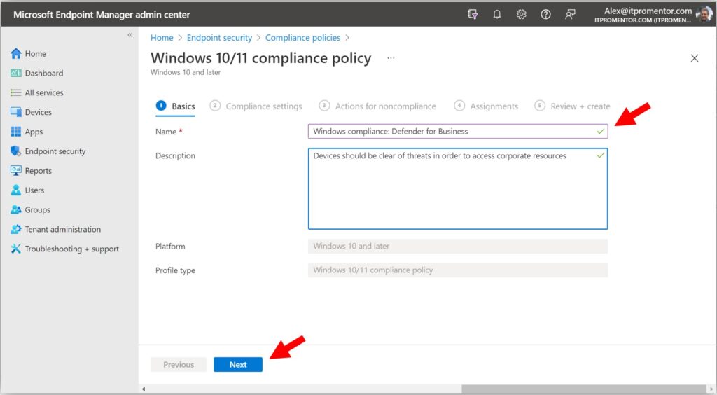 Create a new compliance policy for MDB