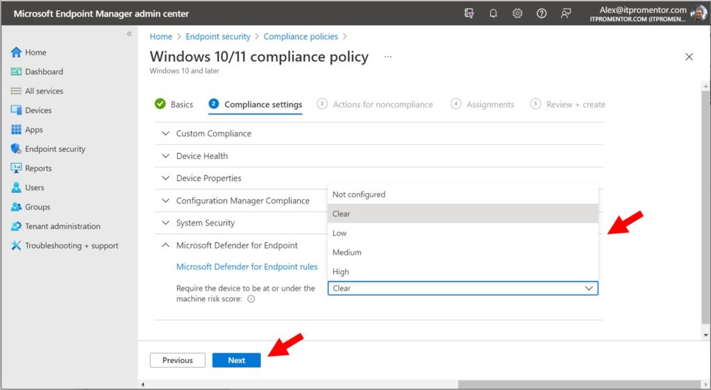 Configure the Defender for Endpoint setting
