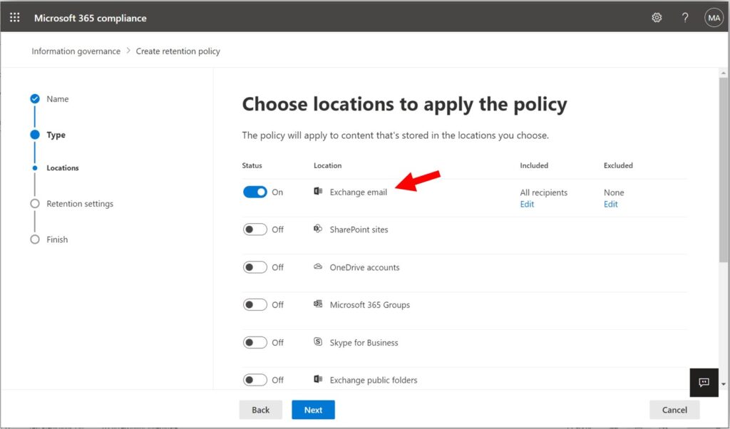Set the retention location to Exchange email